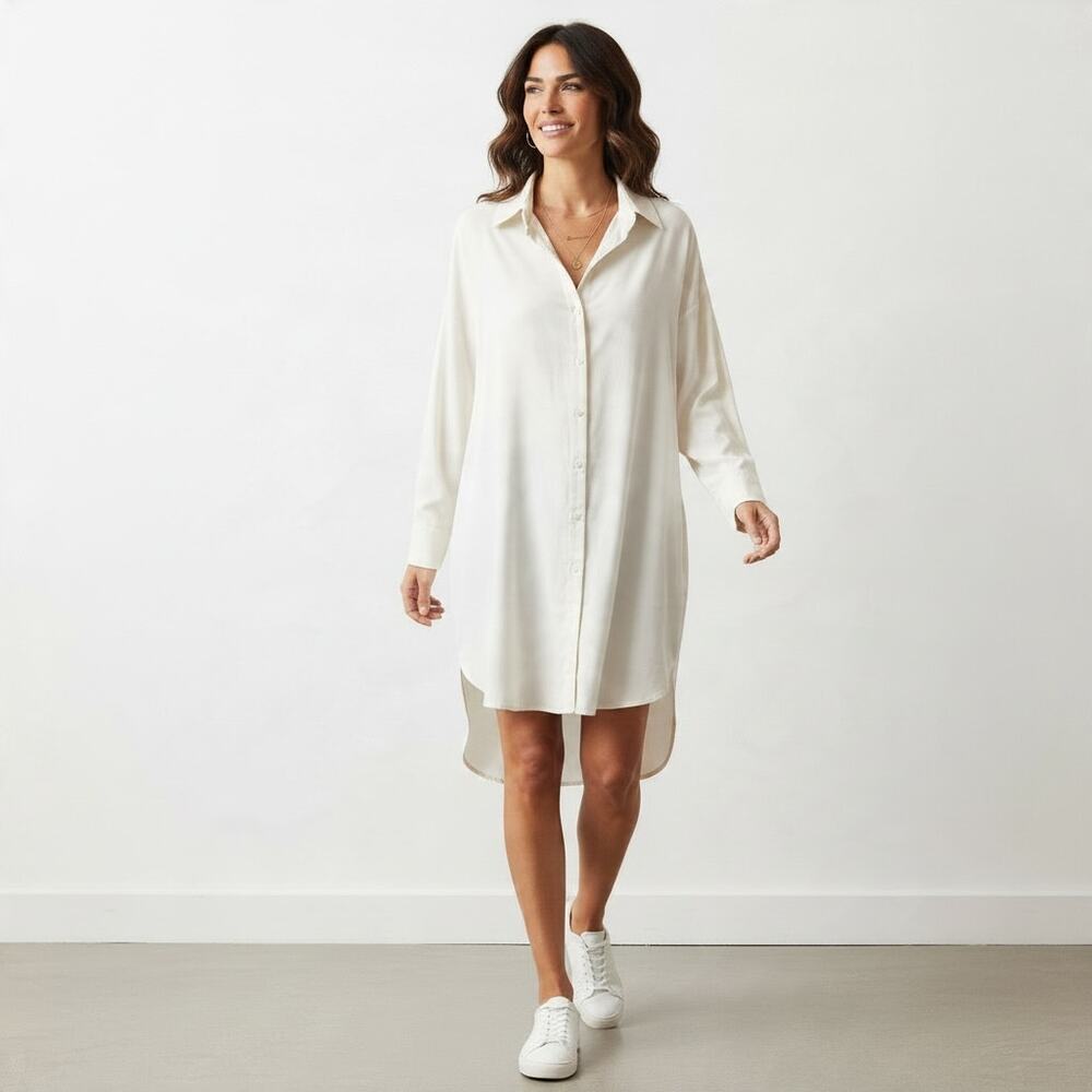 ALEXIS Size M Ivory 100% Viscose Long Button Down Tunic Shirt High Low